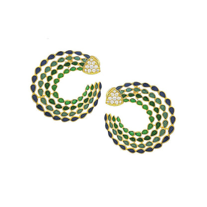 Divino Green 7 Blue Peacock Feathers Earrings