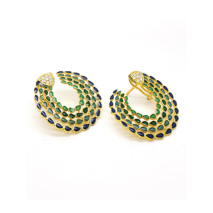 Divino Green 7 Blue Peacock Feathers Earrings