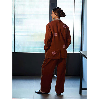 Doodlage Women Brown Cotton Jacket with Pant