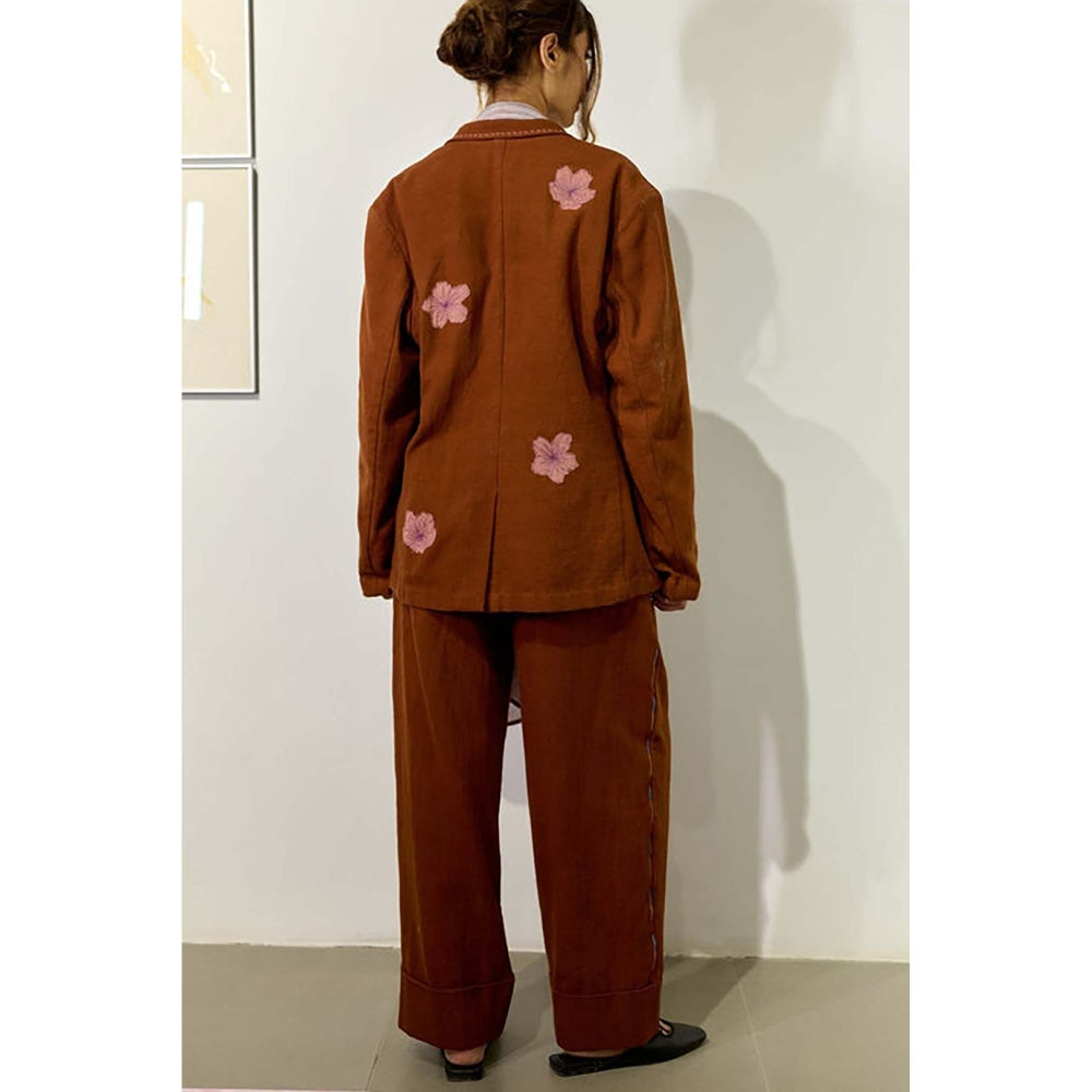 Doodlage Women Brown Cotton Jacket with Pant