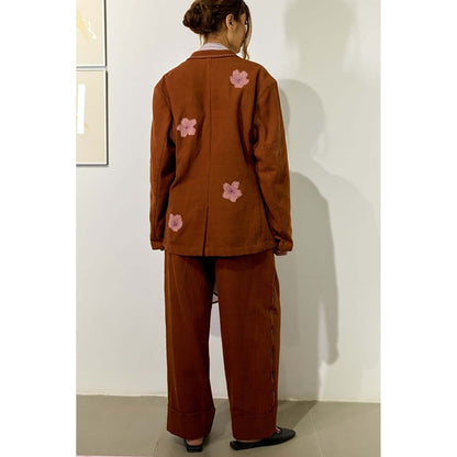 Doodlage Women Brown Cotton Jacket with Pant