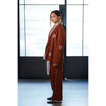 Doodlage Women Brown Cotton Jacket with Pant