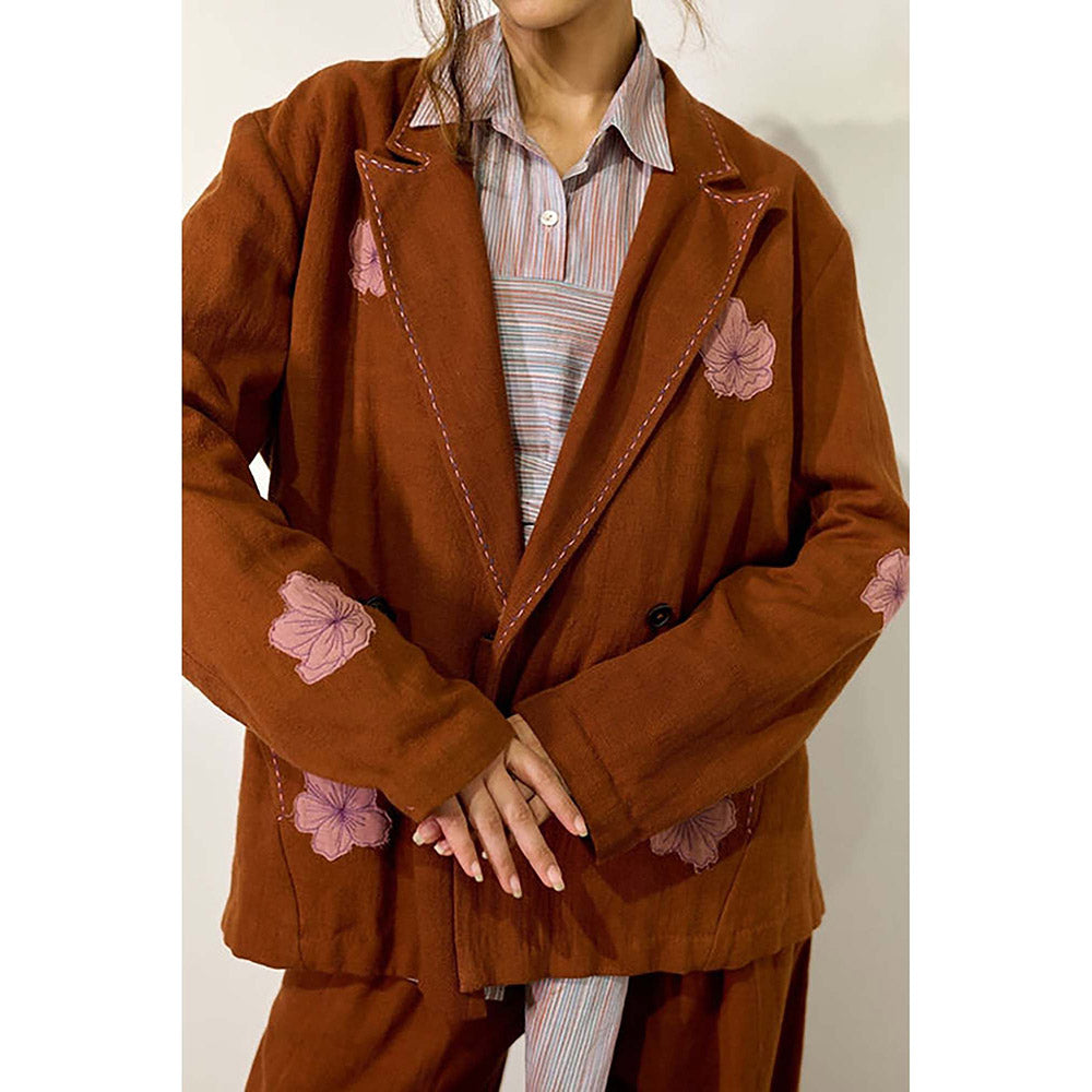 Doodlage Women Brown Cotton Jacket with Pant