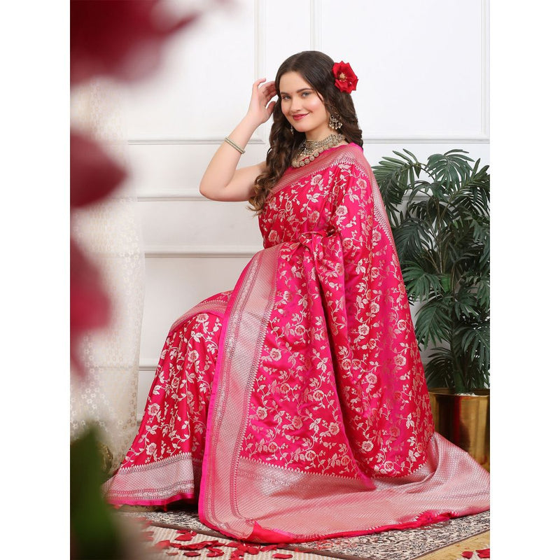 Dress & Dazzle Dazzling Pink Katan Silk Saree with Unstitched Blouse