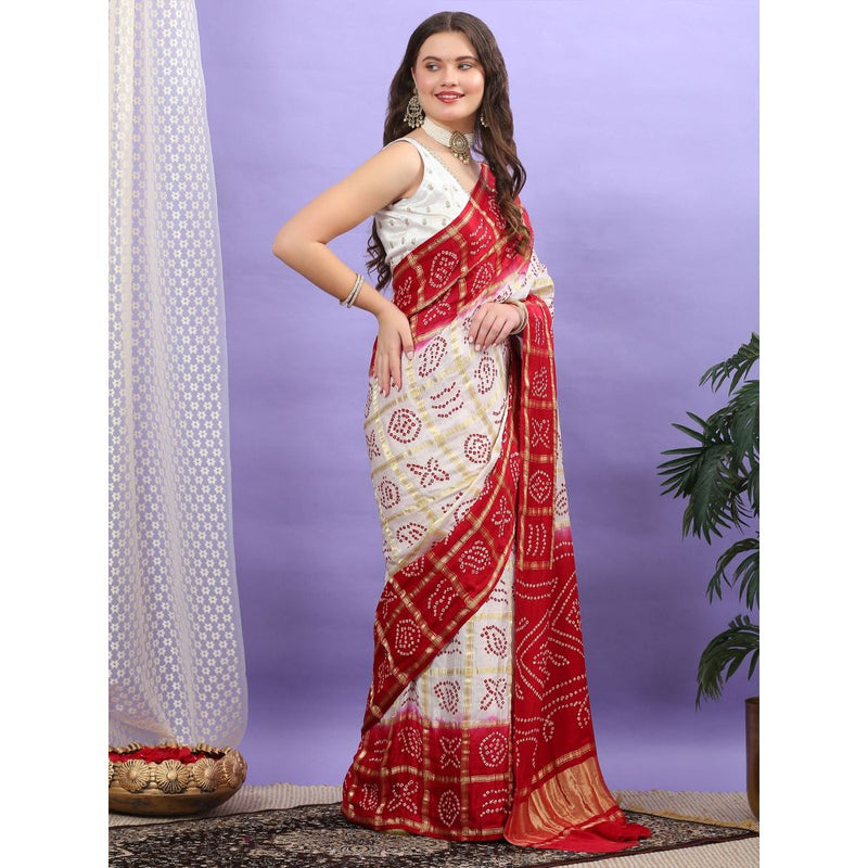 Dress & Dazzle White And Red Gharchola Saree with Unstitched Blouse