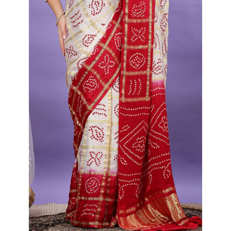 Dress & Dazzle White And Red Gharchola Saree with Unstitched Blouse