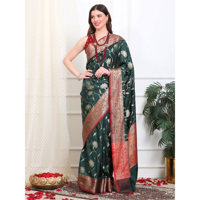 Dress & Dazzle Bottle Green Katan Silk Saree with Unstitched Blouse