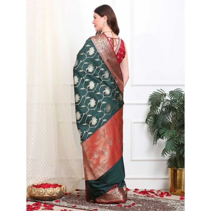 Dress & Dazzle Bottle Green Katan Silk Saree with Unstitched Blouse