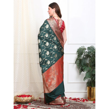 Dress & Dazzle Bottle Green Katan Silk Saree with Unstitched Blouse