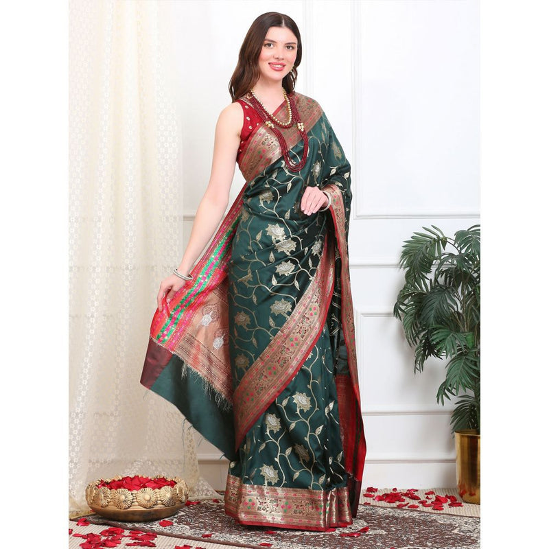 Dress & Dazzle Bottle Green Katan Silk Saree with Unstitched Blouse