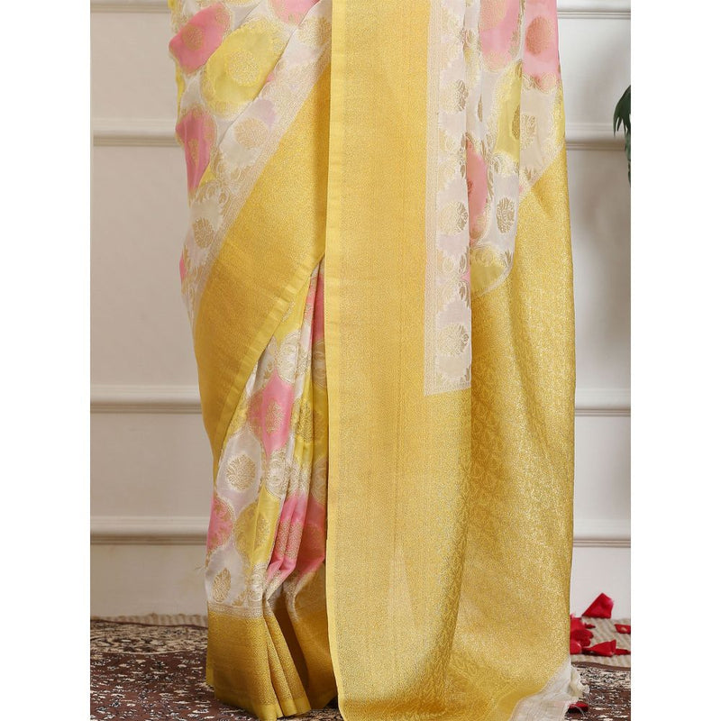 Dress & Dazzle Ivory And Yellow Rangkat Georgette Saree with Unstitched Blouse