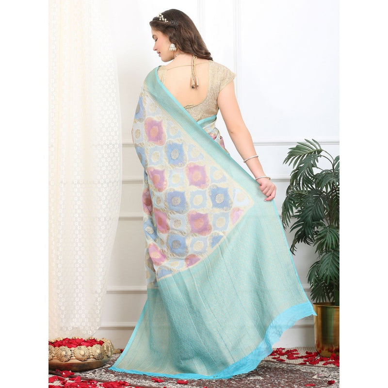 Dress & Dazzle Ivory And Blue Rangkat Georgette Saree with Unstitched Blouse