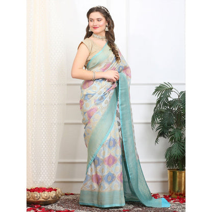 Dress & Dazzle Ivory And Blue Rangkat Georgette Saree with Unstitched Blouse