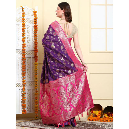 Dress & Dazzle Deep Purple Banarasi Silk Saree with Unstitched Blouse