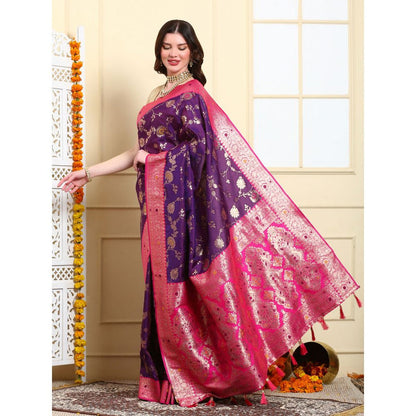 Dress & Dazzle Deep Purple Banarasi Silk Saree with Unstitched Blouse