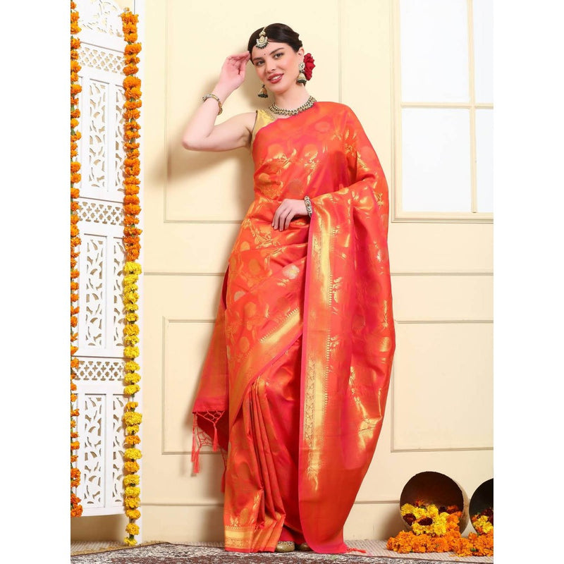 Dress & Dazzle Flame Orange Banarasi Silk Saree with Unstitched Blouse