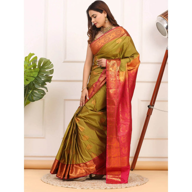 Dress & Dazzle Mehendi Green Kanjivaram Saree with Unstitched Blouse