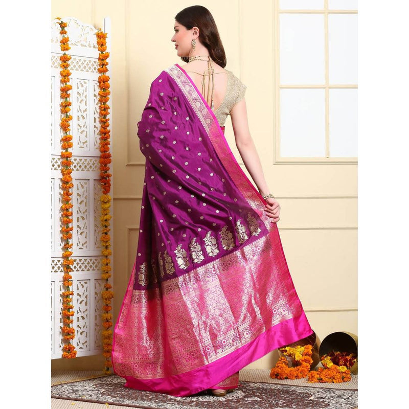 Dress & Dazzle Women Purple Pure Katan Silk Saree with Unstitched Blouse