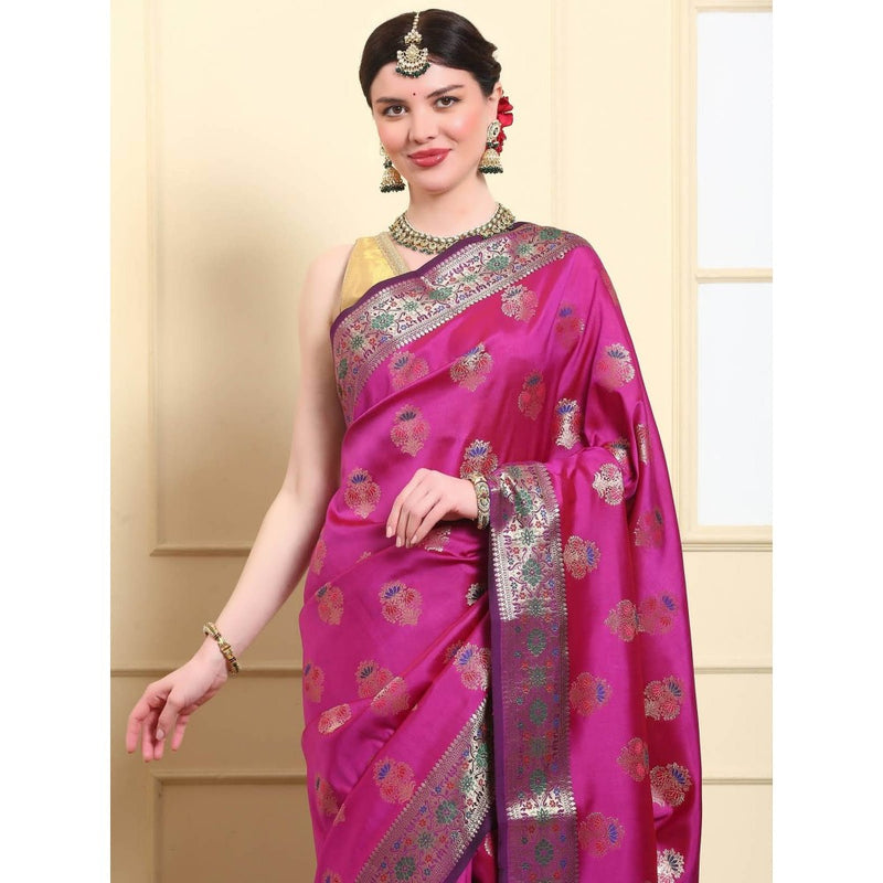Dress & Dazzle Magenta Katan Silk Saree with Unstitched Blouse