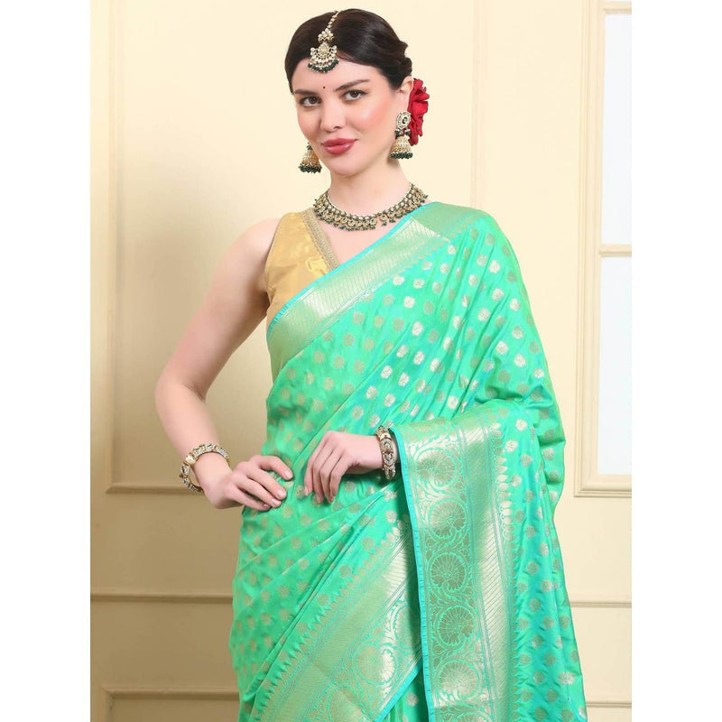Dress & Dazzle Women Neon Mint Green Katan Silk Saree with Unstitched Blouse
