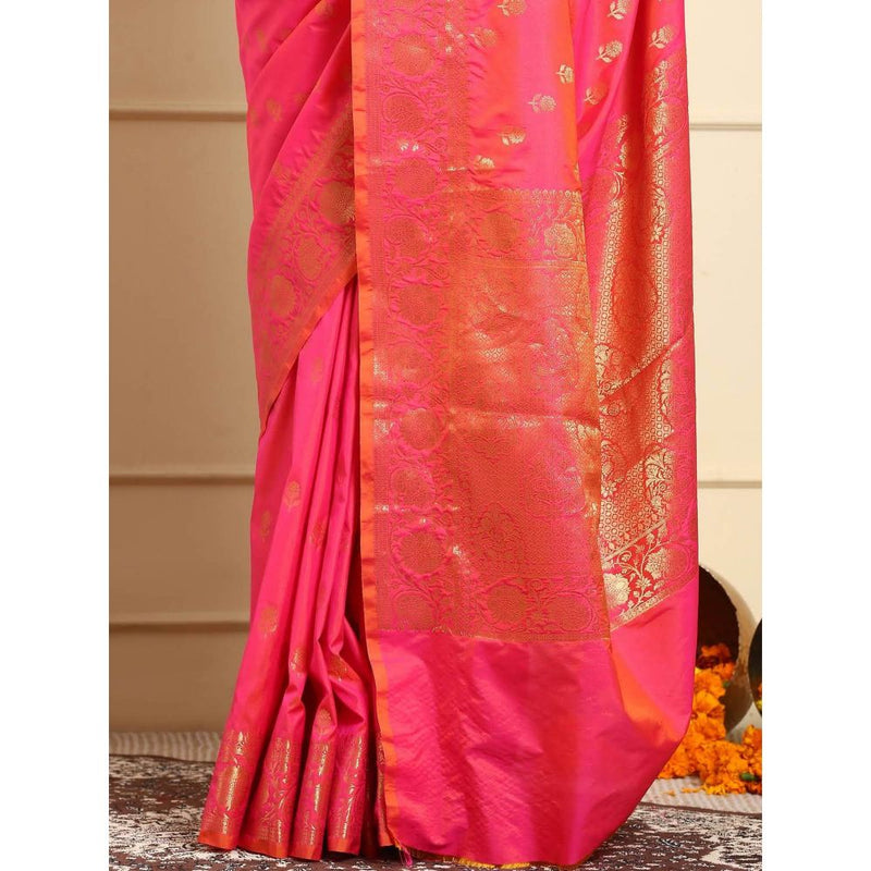 Dress & Dazzle Women Neon Pink Katan Silk Saree with Unstitched Blouse
