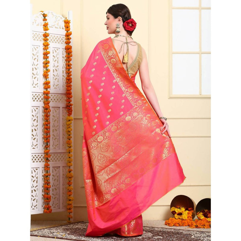 Dress & Dazzle Women Neon Pink Katan Silk Saree with Unstitched Blouse