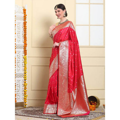 Dress & Dazzle Ruby Red Banarasi Katan Silk Saree with Unstitched Blouse
