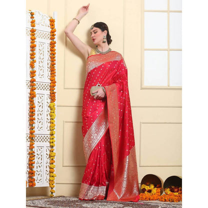 Dress & Dazzle Ruby Red Banarasi Katan Silk Saree with Unstitched Blouse
