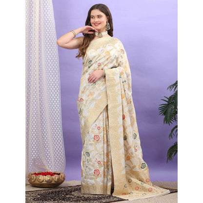 Dress & Dazzle Ivory Katan Silk Saree with Unstitched Blouse