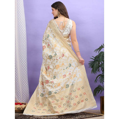 Dress & Dazzle Ivory Katan Silk Saree with Unstitched Blouse