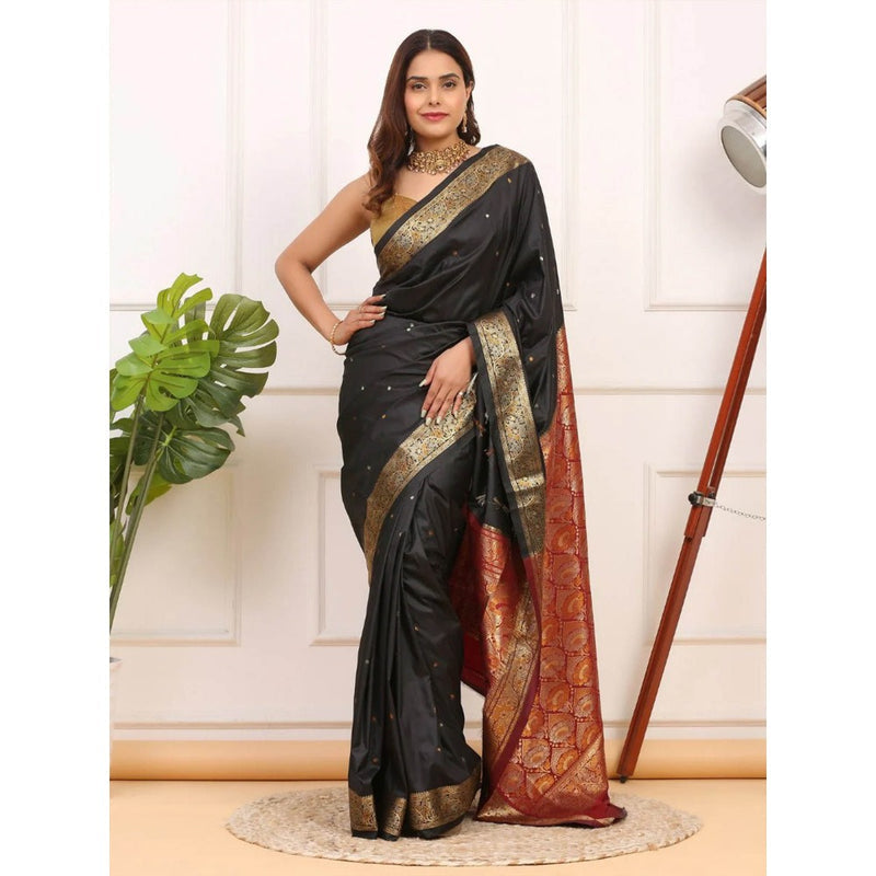Dress & Dazzle Black Katan Silk Saree with Unstitched Blouse