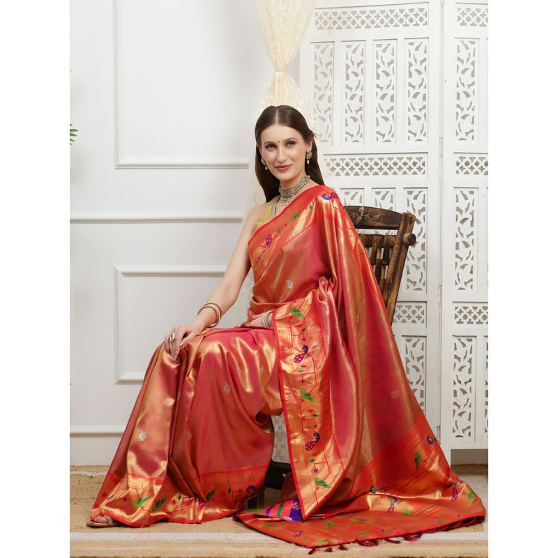 Dress & Dazzle Rust Paithani Tissue Silk Saree with Unstitched Blouse