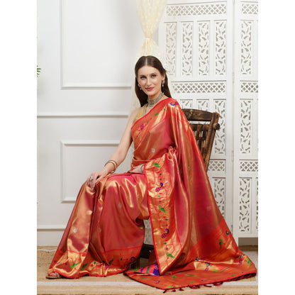 Dress & Dazzle Rust Paithani Tissue Silk Saree with Unstitched Blouse