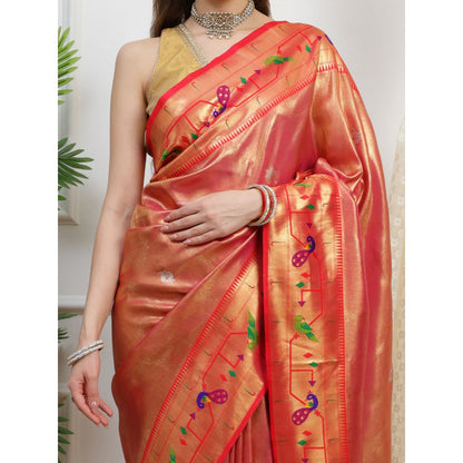 Dress & Dazzle Rust Paithani Tissue Silk Saree with Unstitched Blouse