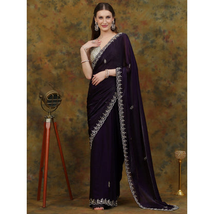 Dress & Dazzle Dark Purple Satin Tissue with Unstitched Blouse