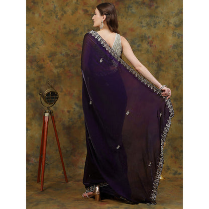 Dress & Dazzle Dark Purple Satin Tissue with Unstitched Blouse