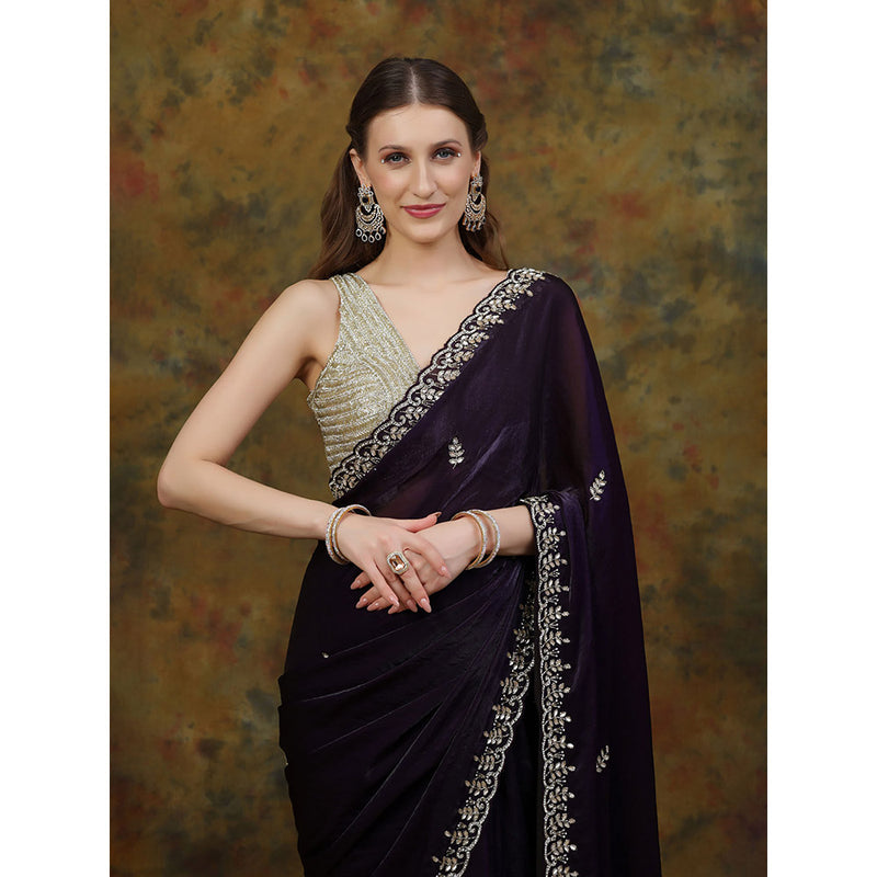 Dress & Dazzle Dark Purple Satin Tissue with Unstitched Blouse