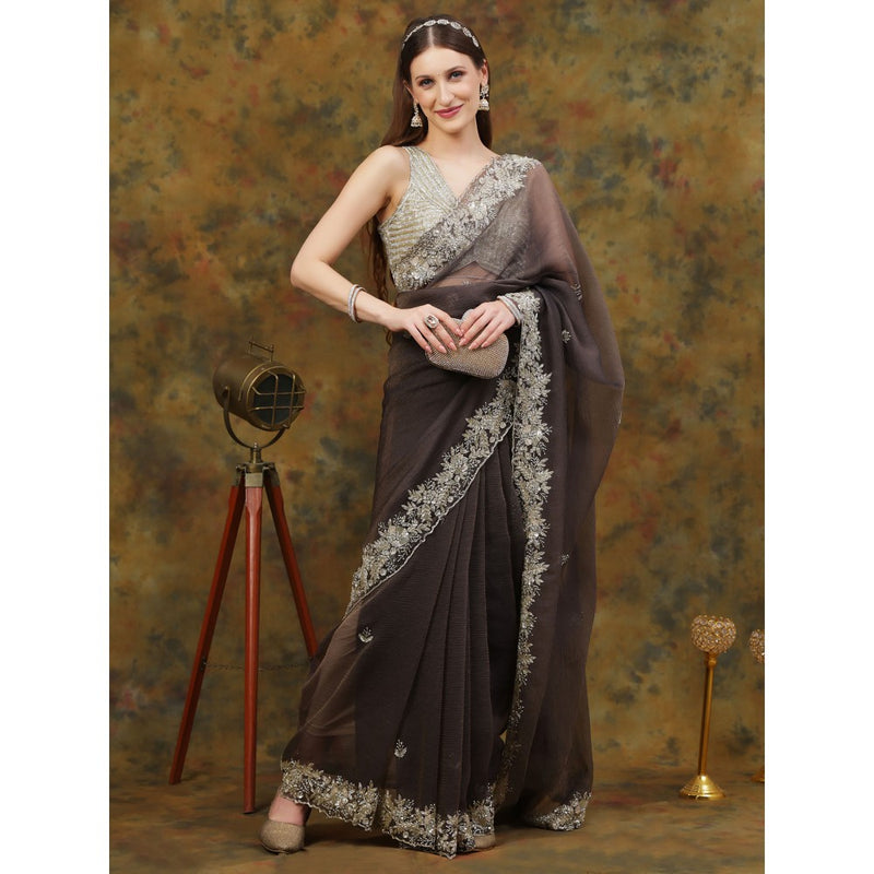 Dress & Dazzle Charcoal Grey Crepe Chiffon Saree with Unstitched Blouse