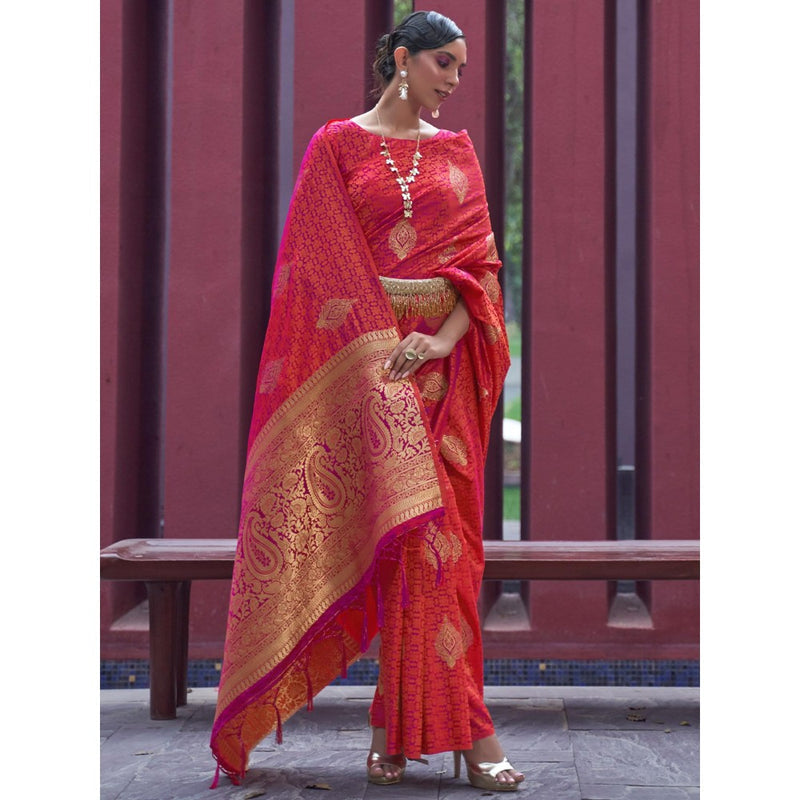 Dress & Dazzle Orange Tanchui Silk Saree with Unstitched Blouse