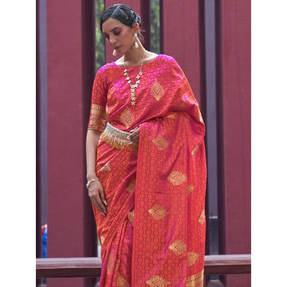 Dress & Dazzle Orange Tanchui Silk Saree with Unstitched Blouse