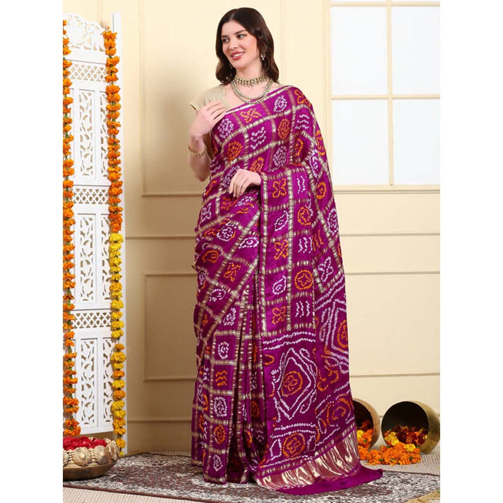 Dress & Dazzle Gharchola Silk Wine Saree with Unstitched Blouse