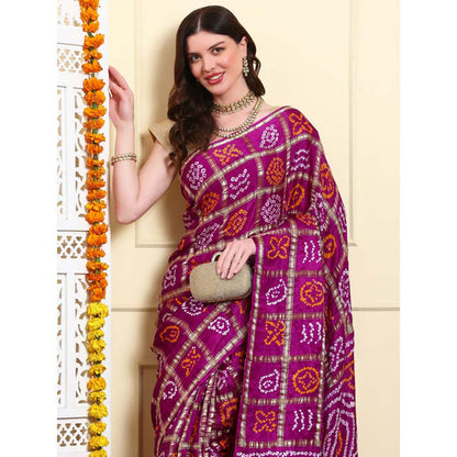 Dress & Dazzle Gharchola Silk Wine Saree with Unstitched Blouse