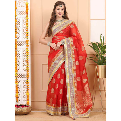 Dress & Dazzle Red Kora Banarasi Saree with Unstitched Blouse