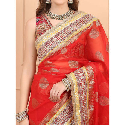Dress & Dazzle Red Kora Banarasi Saree with Unstitched Blouse