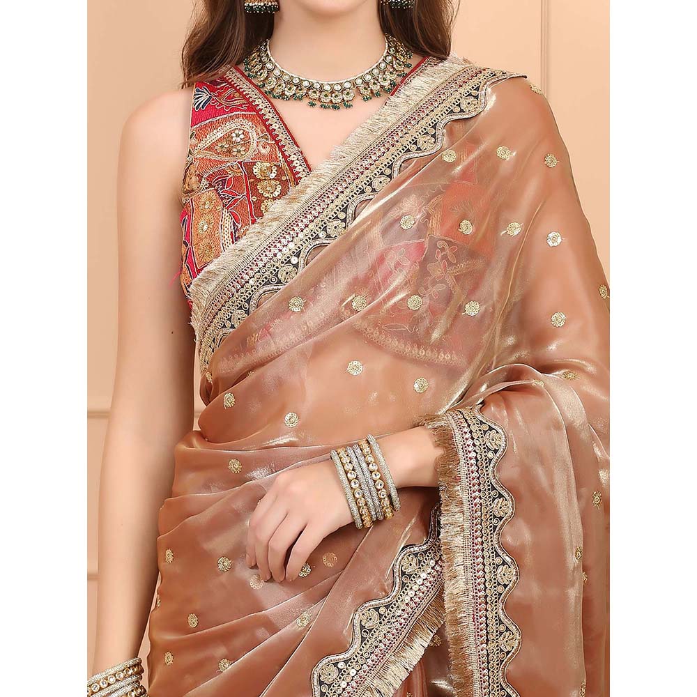 Dress & Dazzle Peach Gold Tissue Saree with Unstitched Blouse