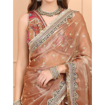 Dress & Dazzle Peach Gold Tissue Saree with Unstitched Blouse