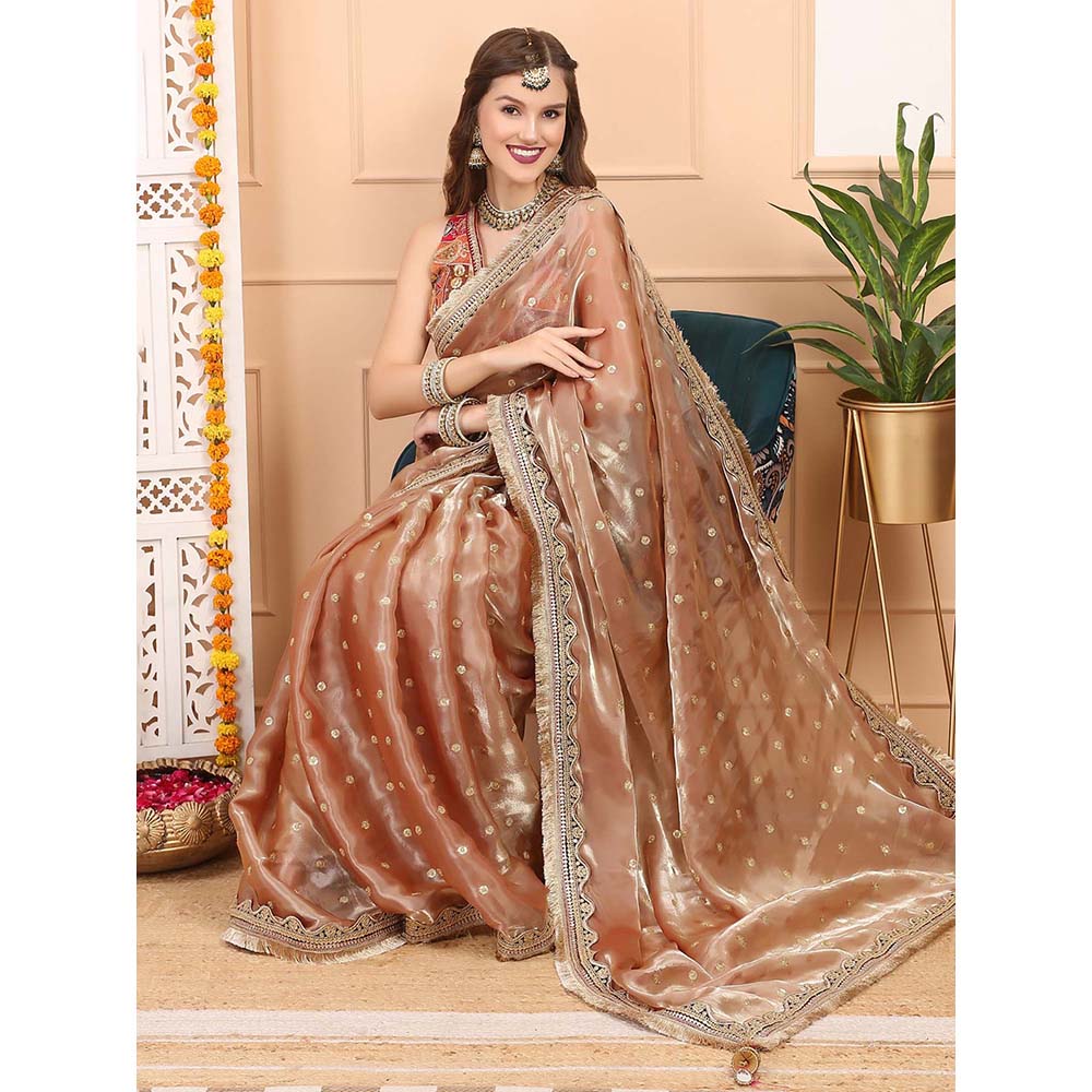 Dress & Dazzle Peach Gold Tissue Saree with Unstitched Blouse