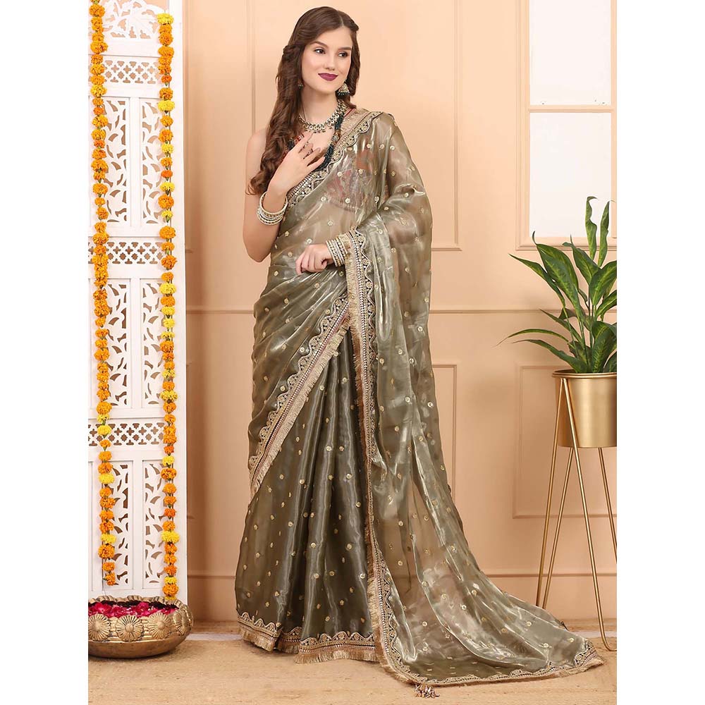 Dress & Dazzle Leaf Green Tissue Saree with Unstitched Blouse
