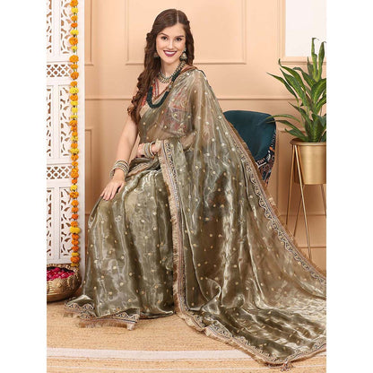 Dress & Dazzle Leaf Green Tissue Saree with Unstitched Blouse
