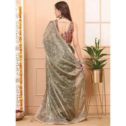 Dress & Dazzle Leaf Green Tissue Saree with Unstitched Blouse
